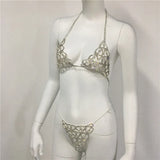 Rhinestone Diamonds Women Bikini Set Fashion Hollow Out Nightclub See Through Halter Bra Adjustable Metal Chain