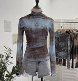 Real Shooting Denim Pattern Dye Printing Retro Babes Thin Mesh T-Shirt High-Necked Long Sleeve Bottom Shirt Top