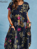 ZANZEA Summer Woman Vintage Dress Bohemian Floral Printed Holiday Casual Robe Vestidos O-Neck Short Sleeve Knee-length