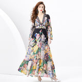 Fongt Retro Court Style Dress Female Design Horn Sleeves Long Chiffon Leaf-Side Skirt