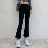 Fongt Fork Bell Bottom Pants Female Autumn High Waist Show Thin Feeling Slightly La Pants Black Casual Mop Small Suit Pants-Outfit