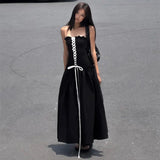 Black Tube Ruched Lace Up Maxi Dress-Outfit