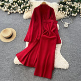 Fongt Simple Style Solid Knitted Light Sister Suit Girl Winter Body-Clamping T-Shirt Dress With Long Open Shirt Jacket