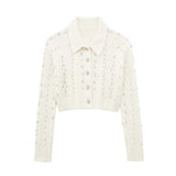 Spring Style Beaded Diamond Lapel Knitted Sweater Short Coat 4331141-Outfit