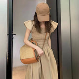 Sweet Slim High Waist Smocked Women Midi Dress Big Hem Square Neck Lady
