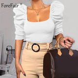 Vintage Puff Sleeve Women Blouse Square Neck Korean Style Tops Elegant Sexy White Black Slim Crop Blouse