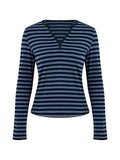 Striped V Neck Long Sleeve Tee-Outfit
