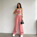 Fongt Women's New Hottie Wearing Sports Vest Braids High-Rise Broad-Legged Trousers Casual Suit