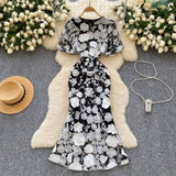 Fongt High-End Elegant Heavy Industry Flower Embroidery Round Collar Lantern Sleeves To Close The Waist Slim Slimmed Fishtail Dress Dress