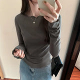 Round Collar Solid Color Elastic Long-Sleeved T-Shirt Women's Autumn And Winter New Basic Inner Bottom Top-Outfit