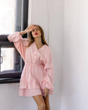Fongt Summer New Solid Color Long-Sleeved Dress Temperament V Collar Thin A Dress