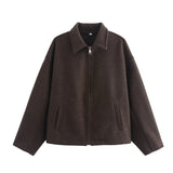 Fongt Women's Explosion Vintage Brown Zipper Long Sleeve Short Coat