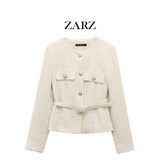 Fongt Homemade New Women's Wear Belt Textured Long-Sleeved Round-Neck Casual Suit Jacket