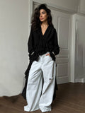 Fongt Temperament Niche Lotus Side V-Neck Irregular Drag-And-Drag Chiffon Sleeve Top