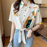 Large Size Printing Shirt Chiffon Women's Blouse Summer Elegant Short Sleeve Casual Fashion Top Female Korean Style