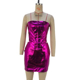 Fongt Women's Autumn 2024 New Metal Color PU Leather Tight Chest Wrapped Hip Short Skirt Set Women's Two-Piece Set-Outfit