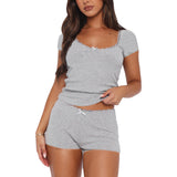 Lace Splicing Home Two-Piece Set Of Body-Repair Collar Knitting Short Suit Women's Multi-Color Leisure