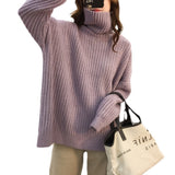 Lazy Wind Foreign Style High Collar Sweater Female Autumn Winter Versatile Show Thin Casual Soft Waxy Sweater Jacket-Outfit