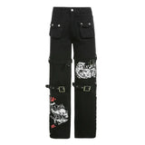 New Street Style Cool Wind Design Feeling Printed Metal Button Denim Pendant Trousers-Outfit