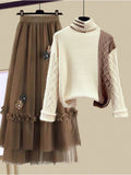 Winter Knitted 2 Piece Sets Women Long Sleeve Knitted Sweater And High Waist Mesh Long Skirts Sets For Women