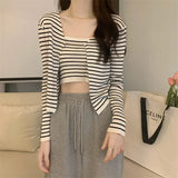 Fongt Summer New Fashion Temperament Sexy Knitted Striped High-Waisted Sling + Long-Sleeved Open-Shirt Two