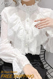 Ruffle Stitching Elegant Lace Blouse Long Sleeve Loose Chiffon Shirts Korean Style Stand Collar Pleated Top Blusas