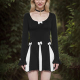 Black Long Sleeve Bow Splice Folds Mini Dress-Outfit
