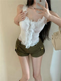 Fongt Temperament Babes White Slings Summer New Wear Lace Sexy Vest Short Sleeveless Top