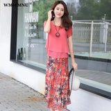Boho Floral Chiffon Skirts 2 Piece Sets Women Oversized 5xl Suits Short Sleeve Blouse Printted Mid Skirt Beach