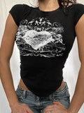 Vintage Heart Print Short Sleeves Tee-Outfit
