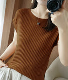 Fongt Silk Knitted Women Loose 2023 Summer New Gray Top Collar Thin Short-Sleeved T-Shirt