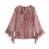 Fongt Spring/Summer Blouse With V-Neck Folding Animal Pattern Printed Women's Long-Sleeved Shirt