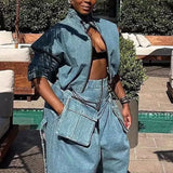 Fongt 2024 New Niche Design Feel Tooling Wind Denim Jacket Women's High Waist Loose Show Thin Short Jacket-Outfit