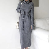New 2022 Autumn Winter Women Dresses Turtleneck Oversize Drawstring Knitted Elegant Wild Ladies Long Dresses