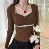 Sweet And Spicy Wind, Bow Tie, Lace, Lace, Short-Sleeved T-Shirt, Summer Square Collar, Slim Blouse-Outfit
