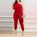 Temperament Women's Wear 2023 Women's Diagonal Shoulder Flounce Jumpsuit-Outfit
