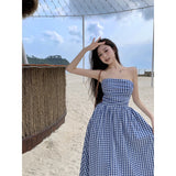 Fongt Advanced Sense Plaid Strapless Dress Children Summer 2023 New Temperament A Word Waist Sleeveless Dress-Outfit