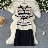Fongt Version Of Fashion V-Neck Short-Sleeved Striped Knitted Dress Women Thin Senior Sense 100-Folded Dress Women Summer