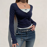 V-neck Lace Patchwork Bow Long Sleeve Tee-Outfit