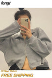 Women Zipper Turn-down Collar Solid Cropped Loose Streetwear Harajuku Casual All-match Stylish Female Vintage