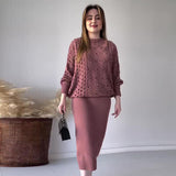 Fongt 2023 New Fashion Solid Color Hollow-Out Round Collar Top Casual Knit Skirt Suit-Outfit