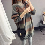 Style Versatile Striped Jacket Sweater Female 2023 Autumn And Winter New Style Lazy Wind Loose Half High Collar Hair-Outfit