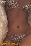 Rhinestone Diamonds Women Bikini Set Fashion Hollow Out Nightclub See Through Halter Bra Adjustable Metal Chain