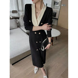Fongt Temperament Deep V-Neck Black Knit Dress 2024 Summer Women's New Slim Thin Long Skirt-Outfit