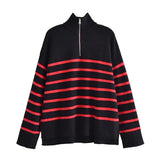 New Autumn Women High Collar Stripe Sweaters Pullovers Warm Minimalist Color Matching Knit Shirt Lady Zipper