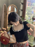 Collar French Bubble Sleeve T-Shirt For Summer New Lace Design Set In Black Short-Sleeved