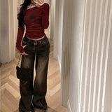 Spider Print Off Shoulder Slim Long Sleeve Tee-Outfit