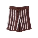 Fongt New Striped Collar Short Sleeve Loose Blouse High-Waist Three-Point Shorts Knitwear Two-Piece Set