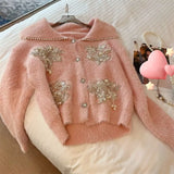 Knit Cardigan Jacket Autumn Winter New Fashion Loose Sweater Sequins Beaded Fake Mink Fleece Chic