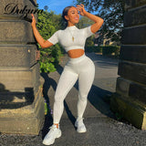 Solid Women Two Piece Set Short Sleeve Gym Top Crops Leggings Skinny Sporty Tracksuit 2023 Spring Summer Outfit